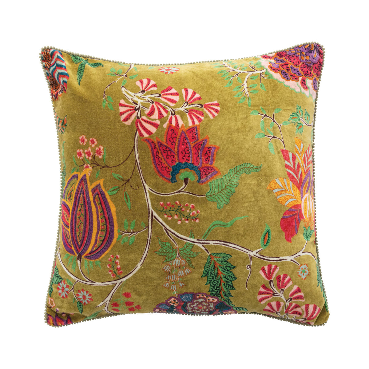 20-inch square olive green velvet pillow with colorful floral and botanical print and pom-pom trim.