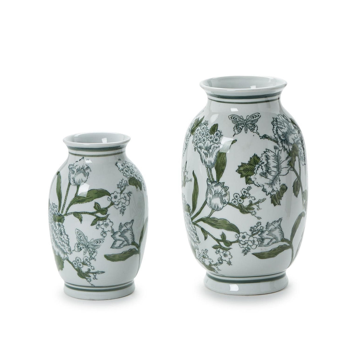 Hand-painted green and white porcelain vase with Chinoiserie primrose and lotus pattern