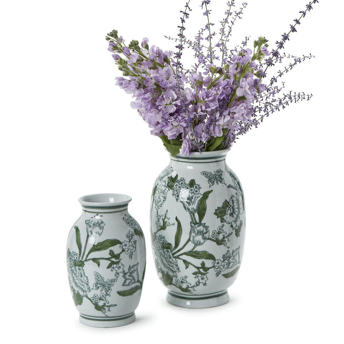 Hand-painted green and white porcelain vase with Chinoiserie primrose and lotus pattern.