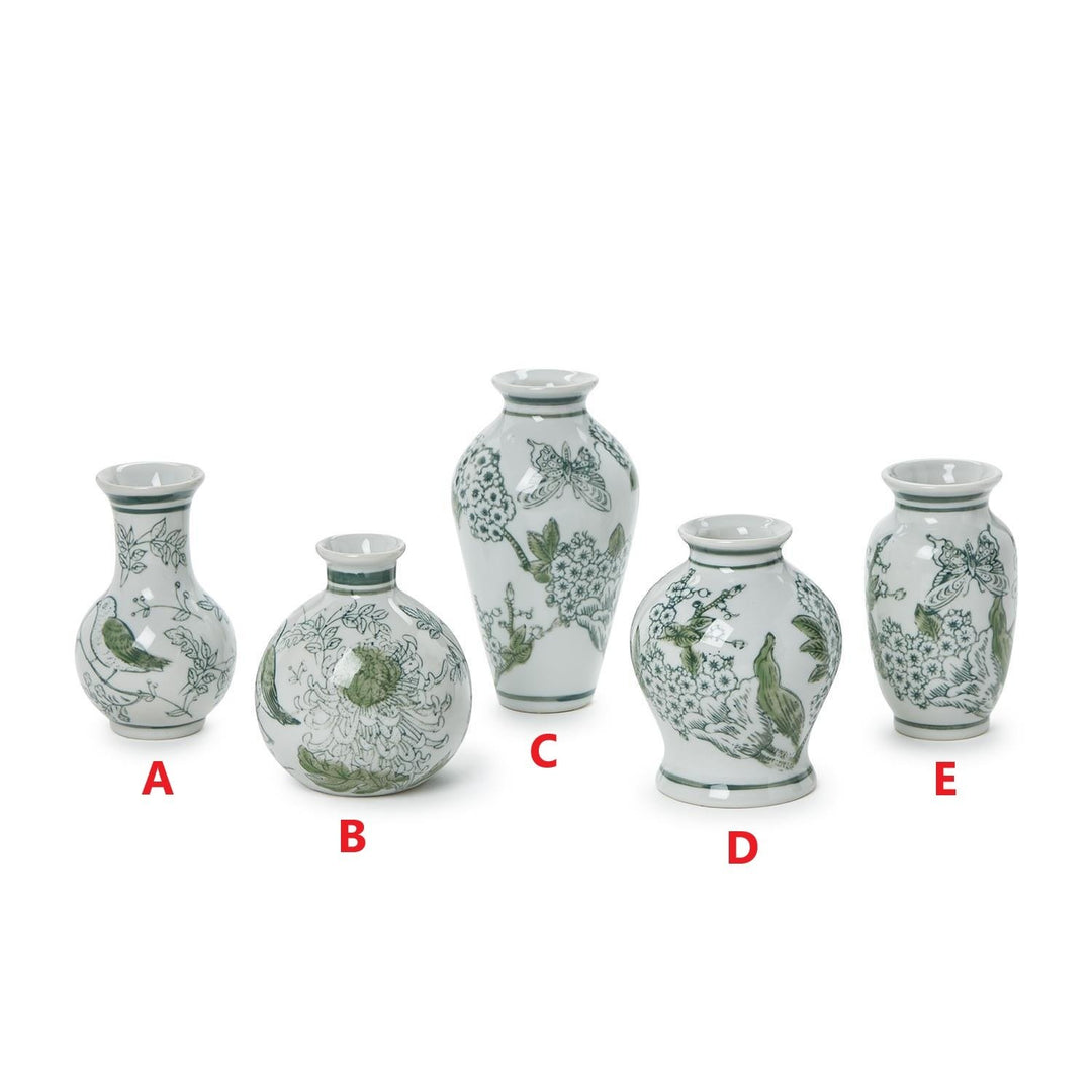 Mini green and white porcelain Chinoiserie vase with hand-painted primrose and lotus floral pattern.