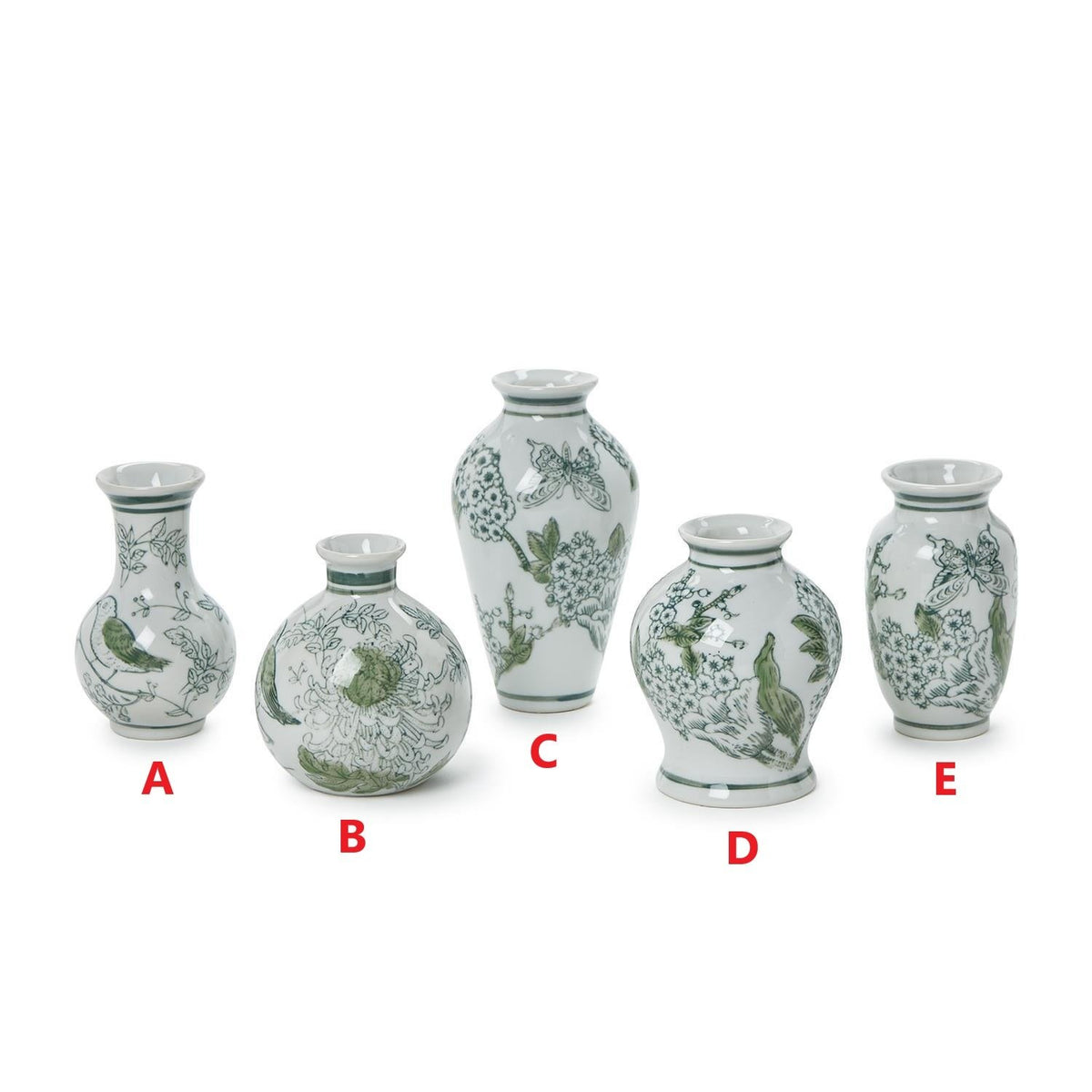 Mini green and white porcelain Chinoiserie vase with hand-painted primrose and lotus floral pattern.