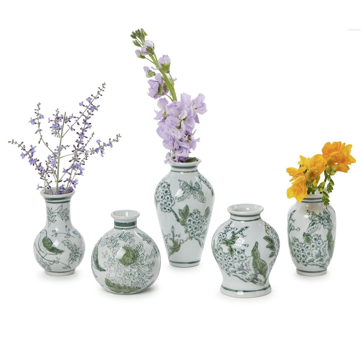 Mini green and white Chinoiserie porcelain vase with hand-painted primrose and lotus design