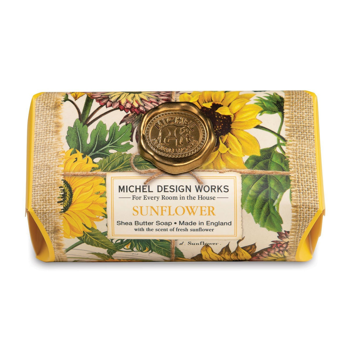 Michel Design Works sunflower-patterned shea butter soap bar with a gold wax seal.