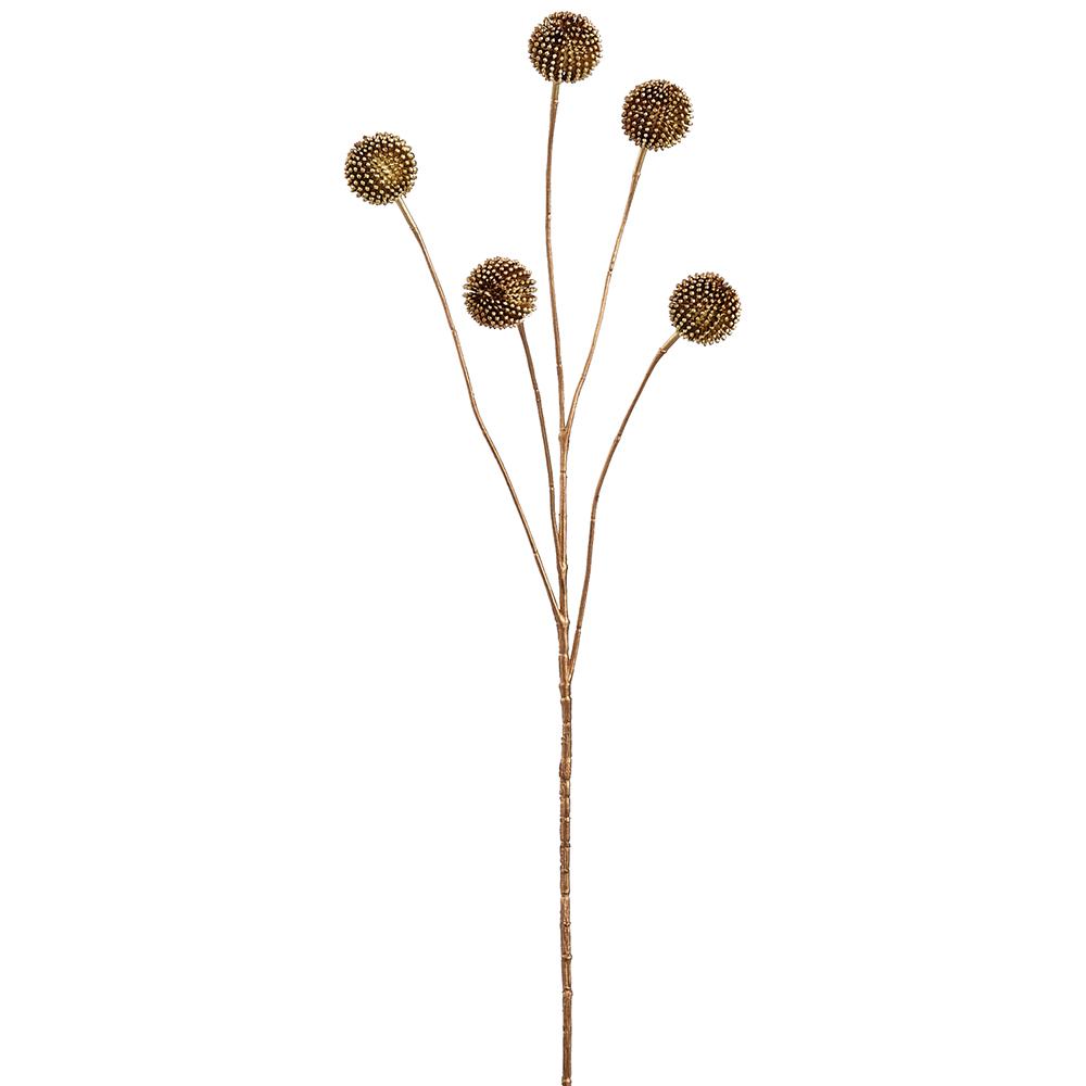 28-inch metallic copper Billy Button spray with five textured spherical flower heads on thin stems.