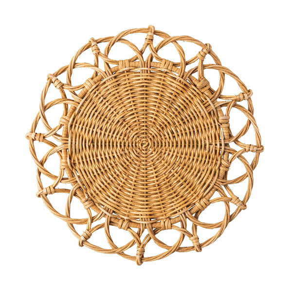 Natural hand-woven rattan placemat with a neutral color and textured rectangular silhouette.