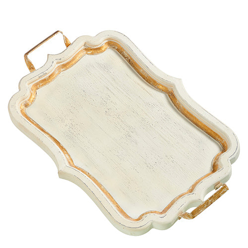 Distressed white wood console table with gold iron tray top
