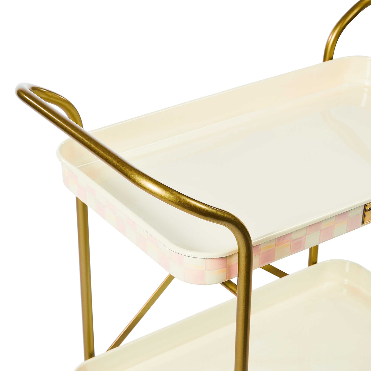 Two-tier kitchen cart with steel frame featuring hand-painted Rosy Check pattern on trays.