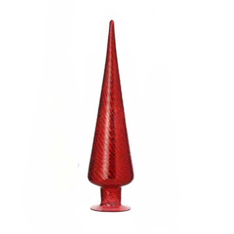 Tall, slender red mercury glass tree decoration with a swirled texture and a pedestal base.