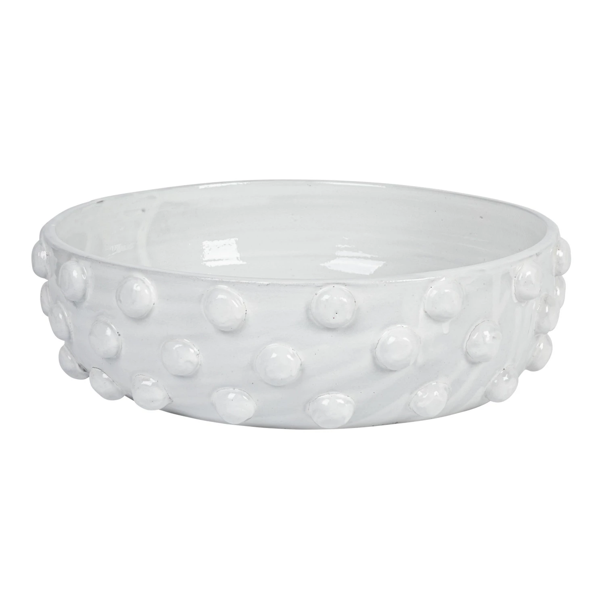 Round white terracotta decorative bowl with a crackle glaze and raised dot texture.