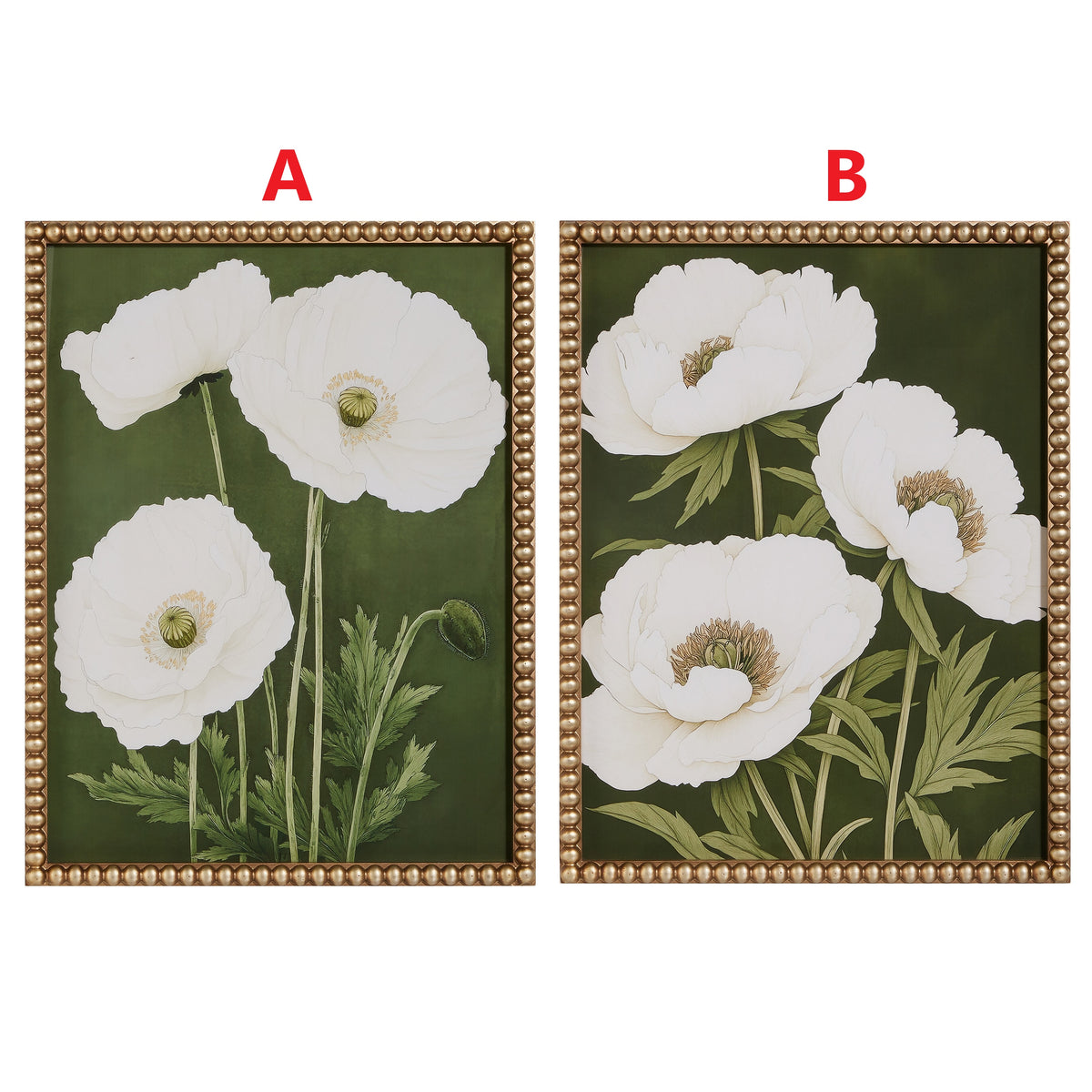 Framed wall art featuring a poppy petal floral pattern on wood with dimensions 22 inches high.