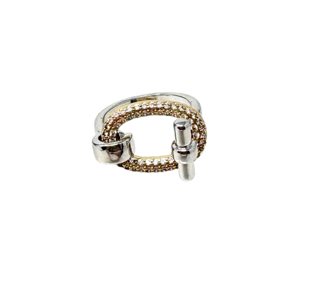 Two-tone fashion statement ring featuring a diamond-encrusted oval link and silver toggle detail.
