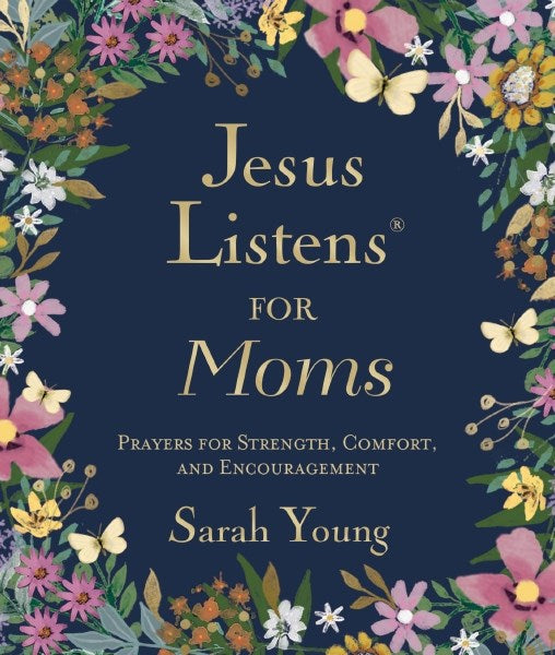 Padded hardcover book titled Jesus Listens For Moms with full scripture text visible on the cover.