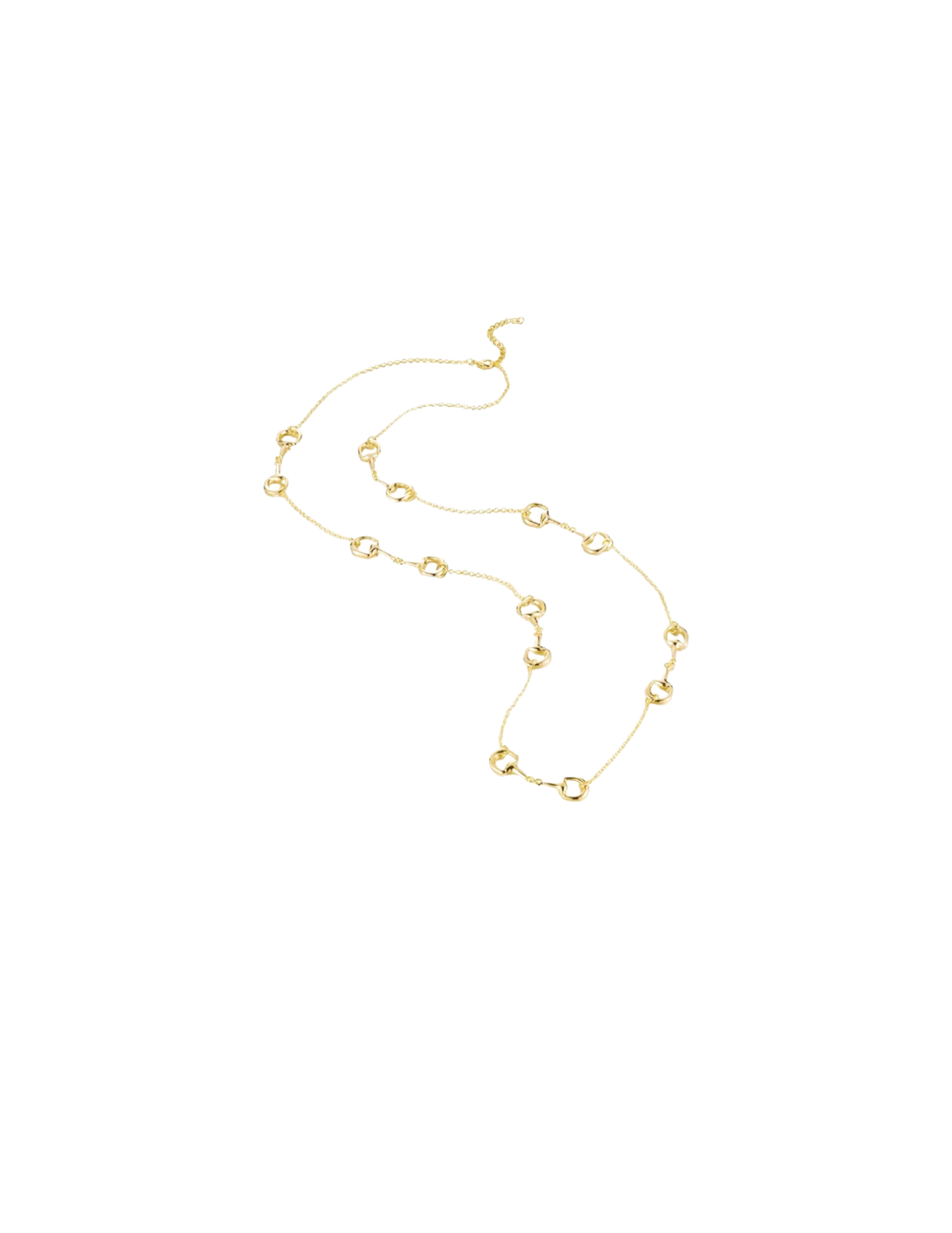 Gold horse bit station necklace with a delicate chain and adjustable clasp.