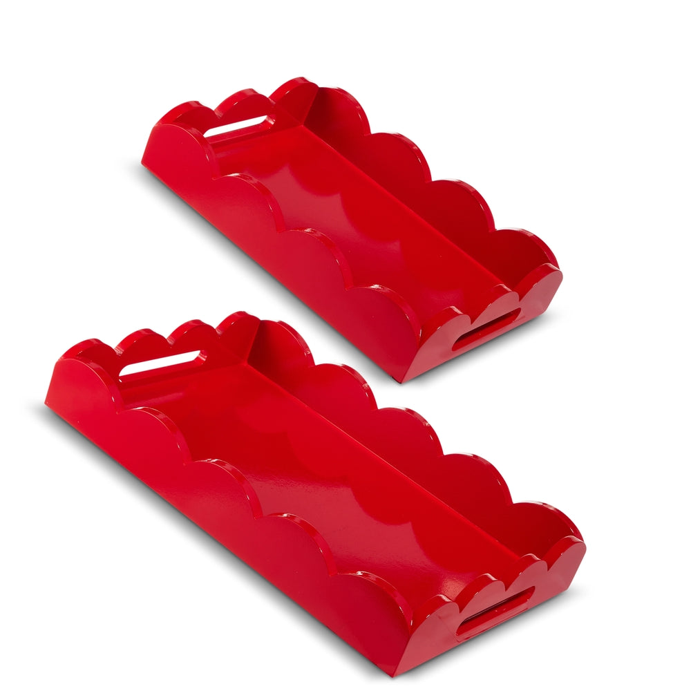 Red scalloped MDF decorative tray measuring 18.5 inches long by 12.25 inches wide.