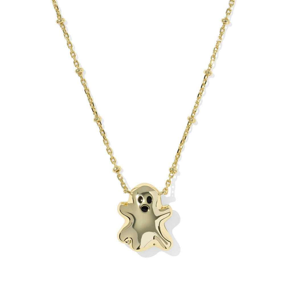 Gold ghost pendant on a beaded chain necklace with black eyes and mouth.