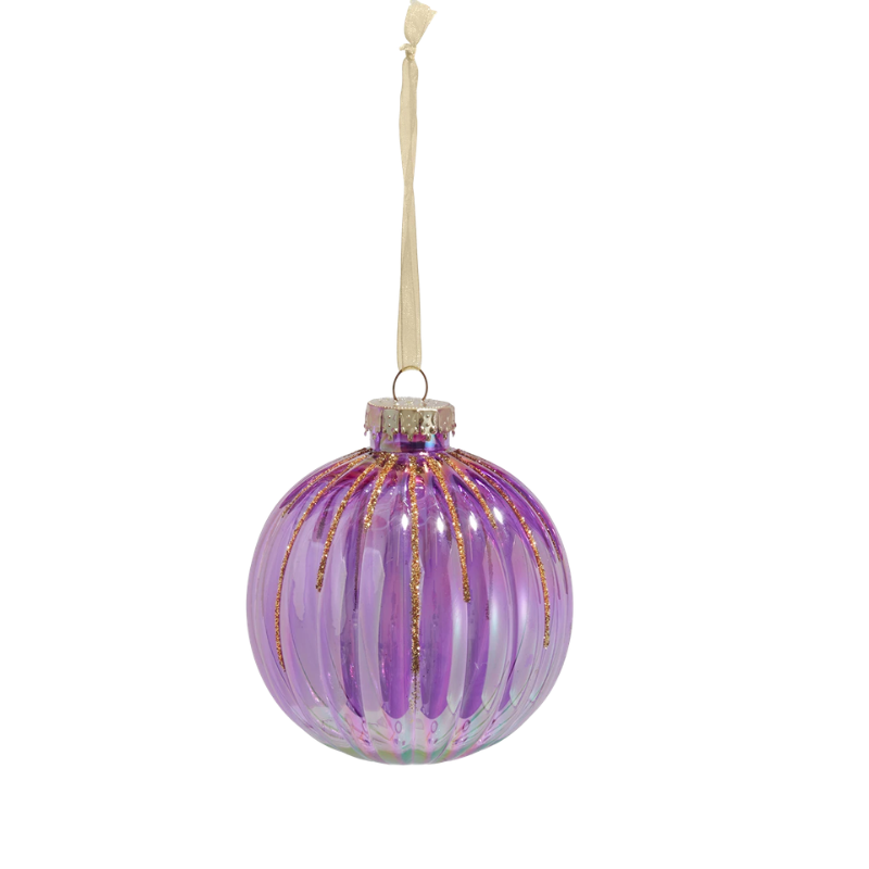 Purple ribbed glass-style ornament with gold glitter drips and a gold hanging ribbon.
