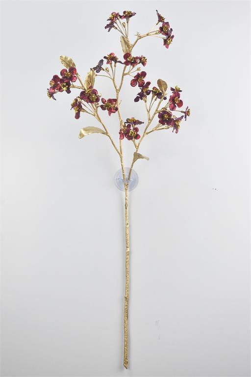 27-inch glitter blossom spray with gold stem and leaves and dark red shimmering flowers.