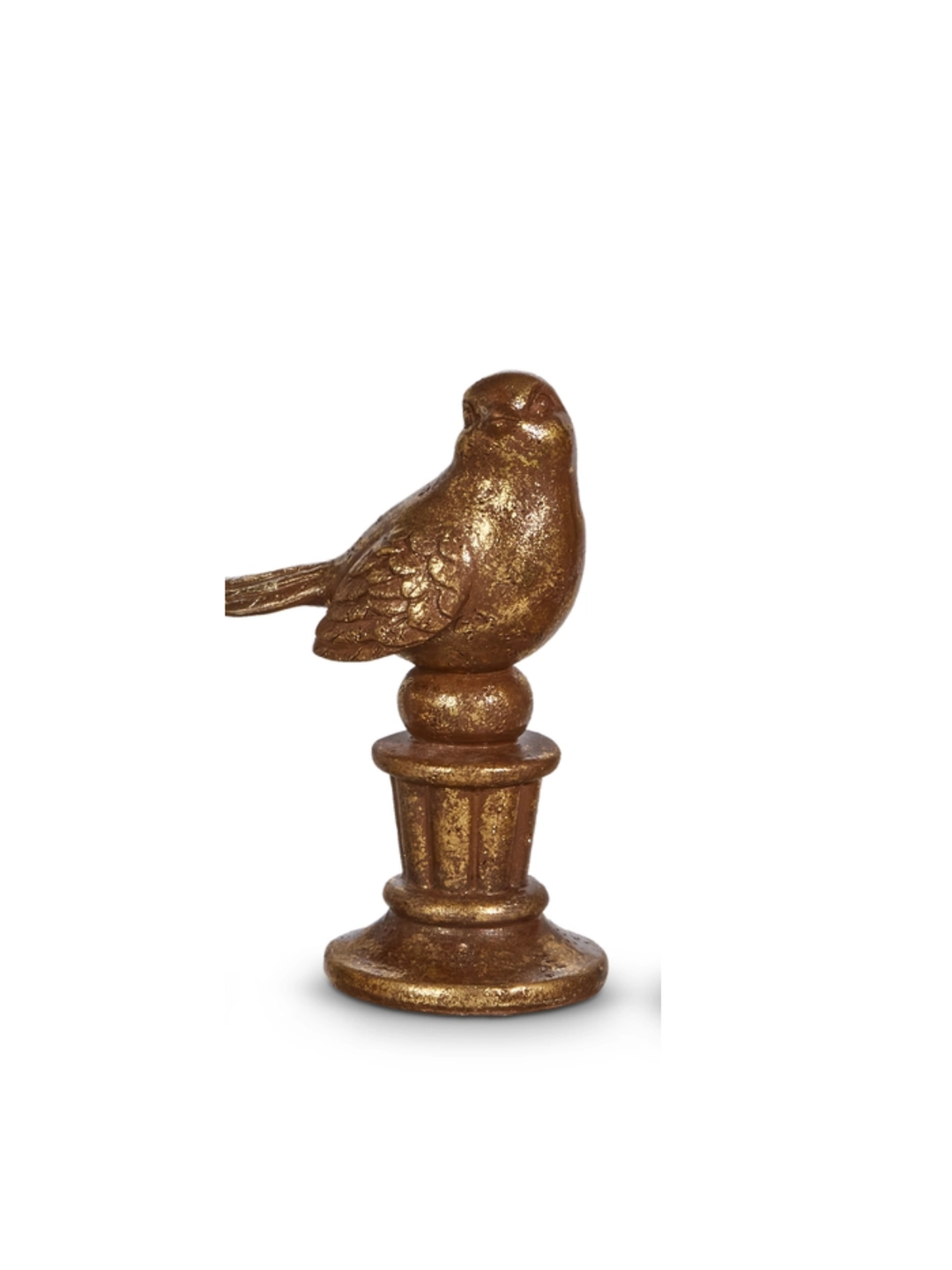Antique brass-finished resin bird figurine perched on a decorative pedestal.