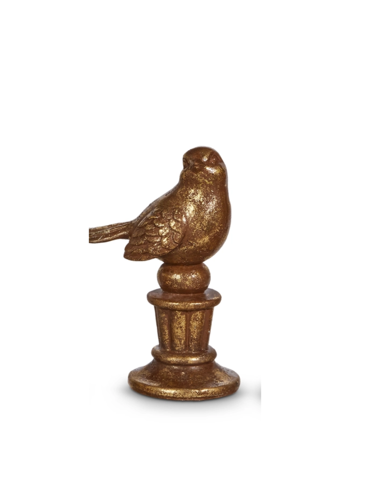 Antique brass-finished resin bird figurine perched on a decorative pedestal.