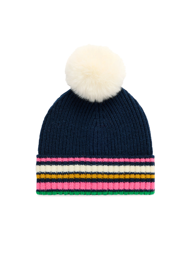 Navy ribbed knit Elle Beanie with a white pom-pom and colorful striped trim.