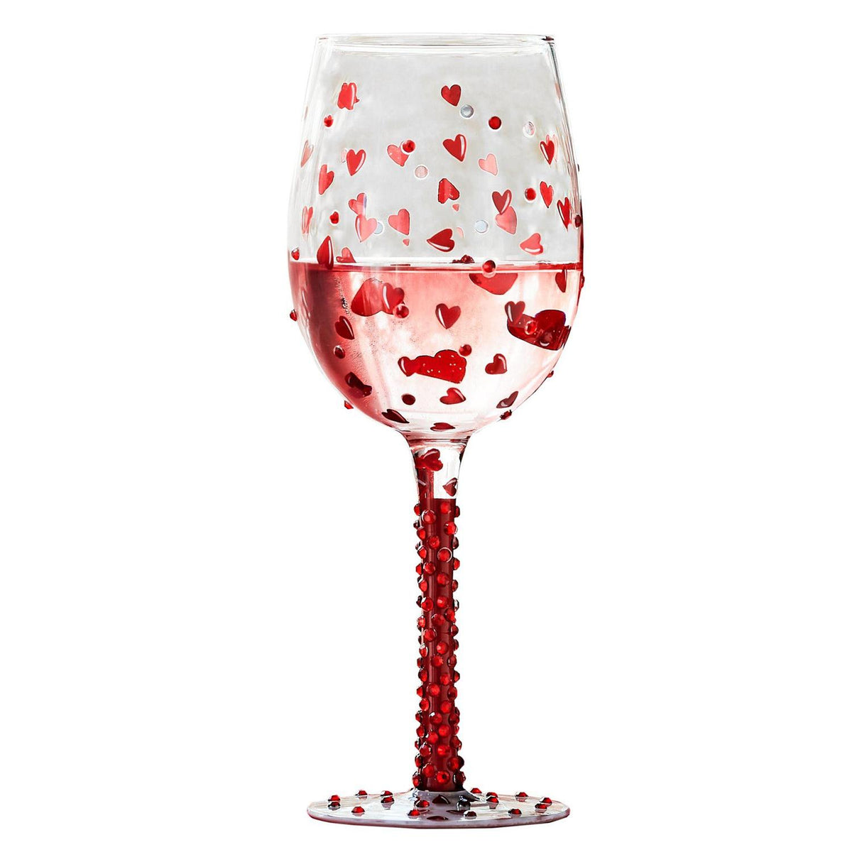 Blown glass wine glass with hand-painted colorful cocktail recipe base and glitter accents.
