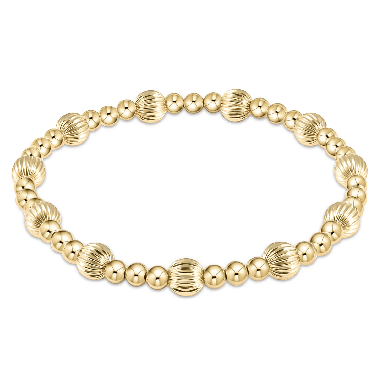 Dignity Sincerity gold bracelet featuring 3mm smooth beads and 6mm textured gold-filled beads.