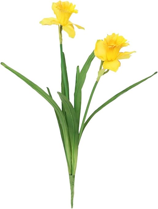 Eighteen-inch yellow artificial daffodil arrangement featuring double blooms with a bud