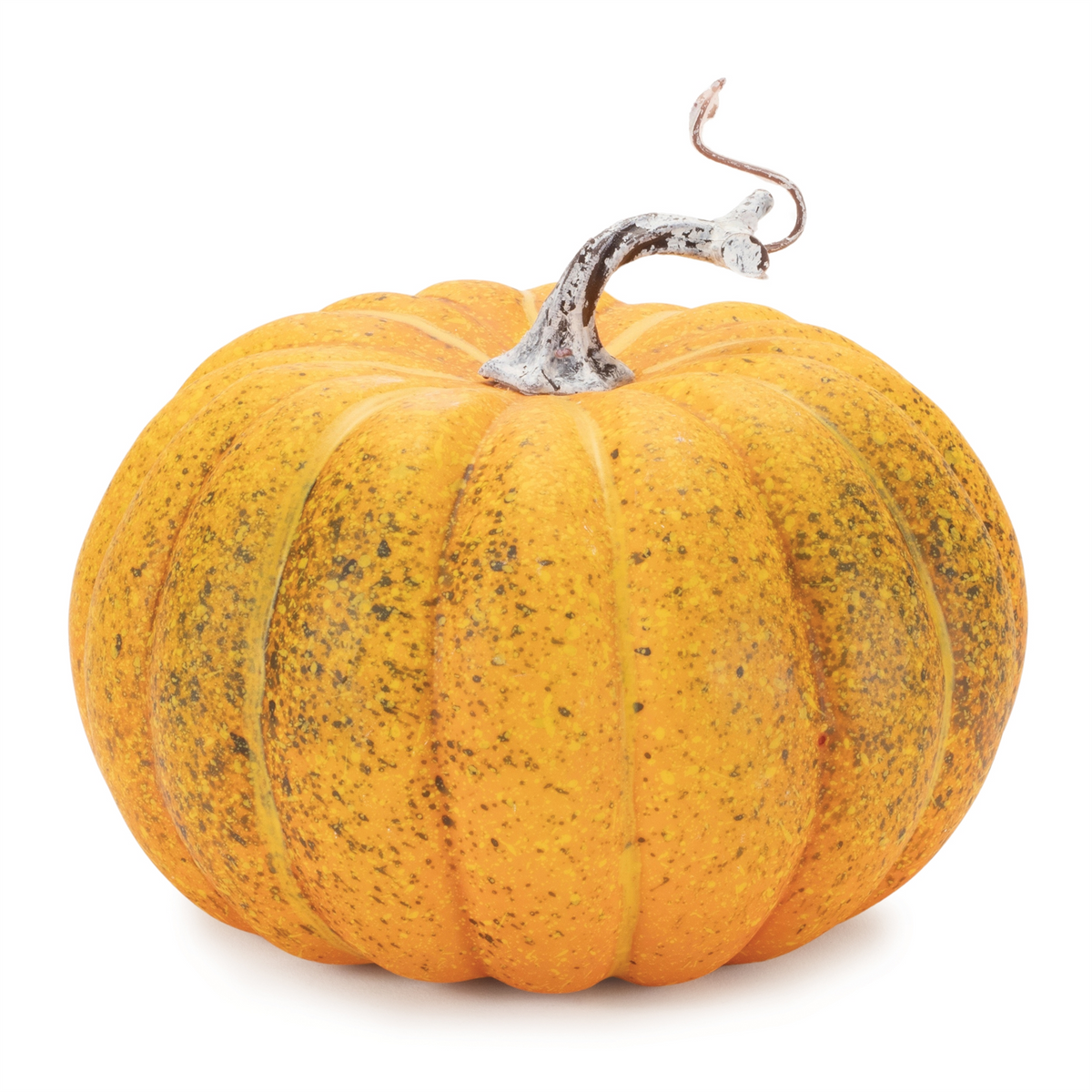 Speckled orange decorative styrofoam pumpkin with a curved brown stem on a white background.