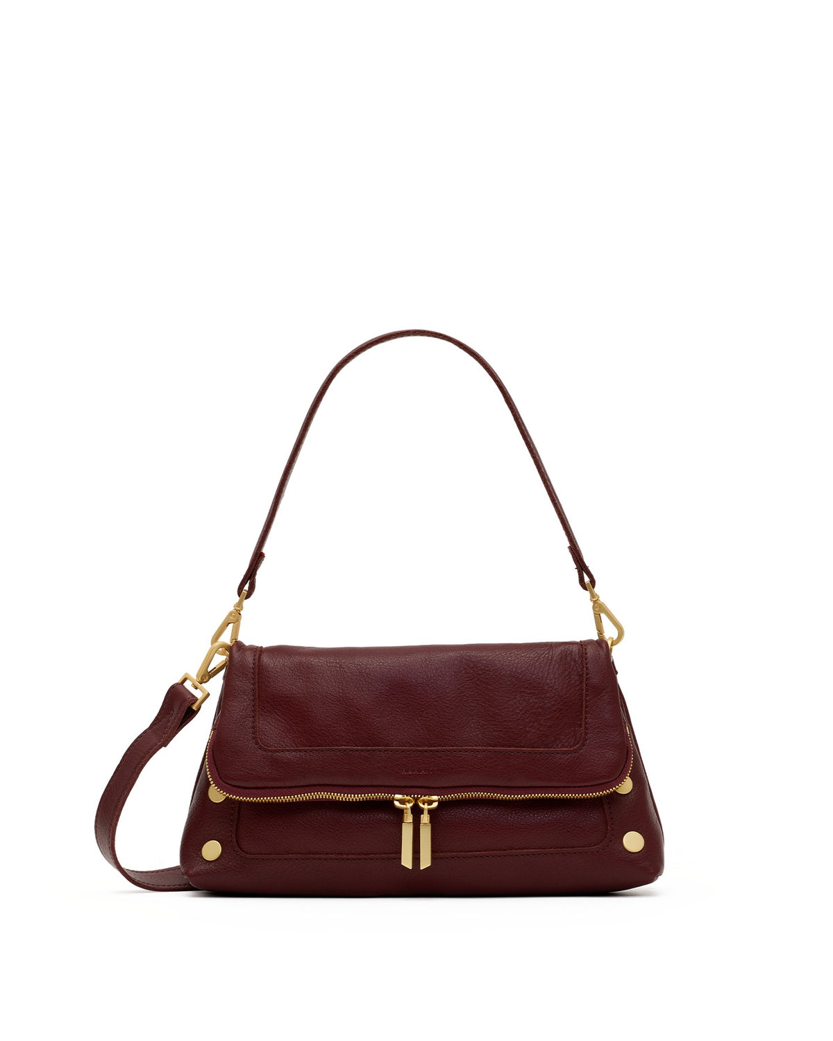 Beverly Med Cherrywood Pebble leather handbag with gold hardware, short strap, and crossbody strap.