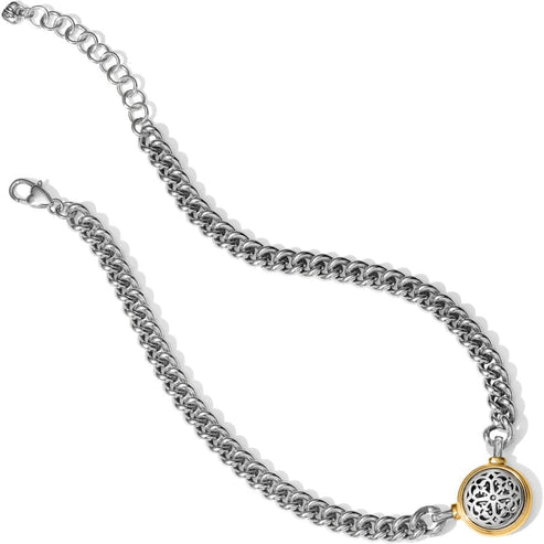 Silver-gold two tone Ferrara necklace with adjustable chain and quarter-inch pendant drop.