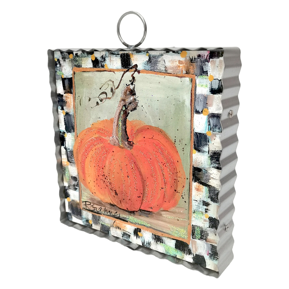 Mini art piece featuring a painted orange pumpkin with a black and white checkered border.
