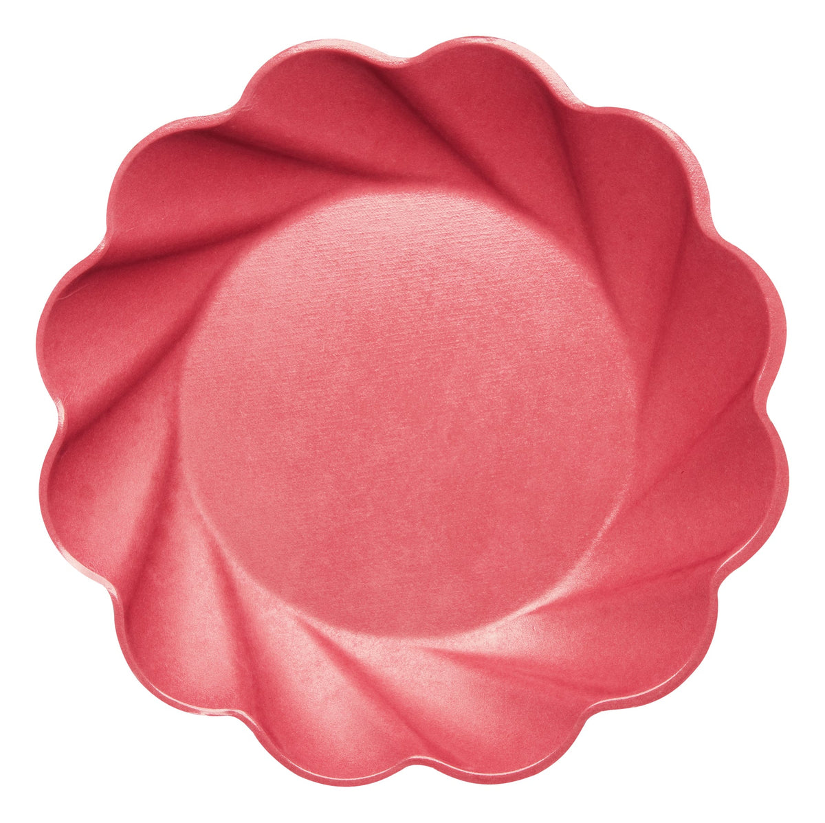Pink eco-friendly dinner plate with a scalloped, swirled rim design.