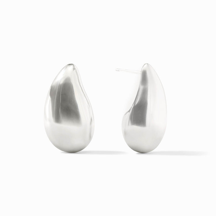 A pair of silver Wave Earrings with a smooth, polished teardrop shape and post backs.