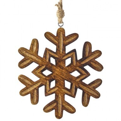 7.5-inch carved mango wood snowflake ornament with a rustic finish and jute hanging string.