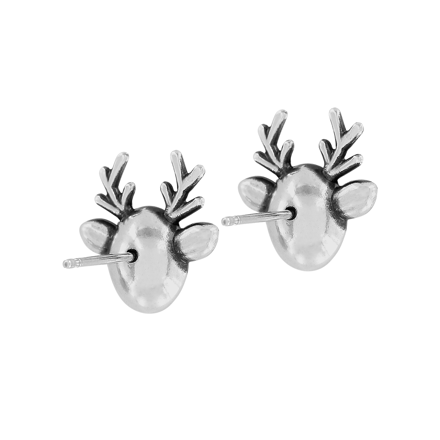 Silver-plated reindeer head post earrings with antlers and smooth finish.