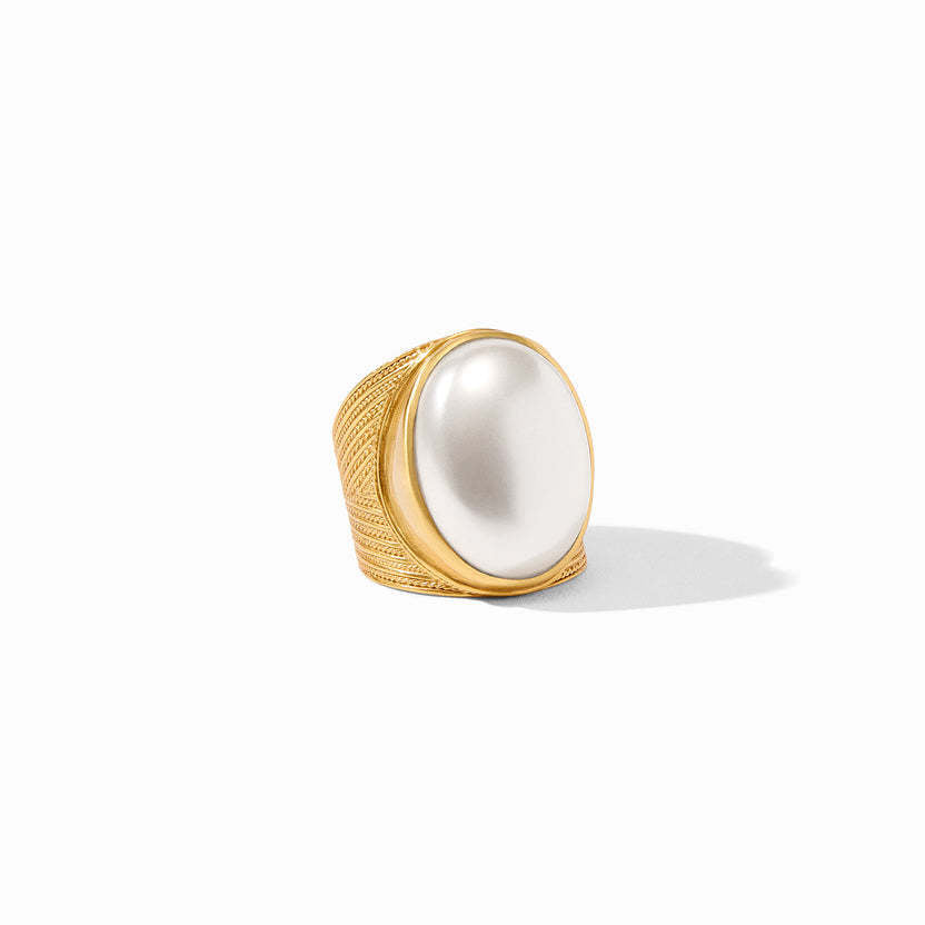 Verona Statement Ring in 24K gold plate with a large oval white rose cut glass gemstone.
