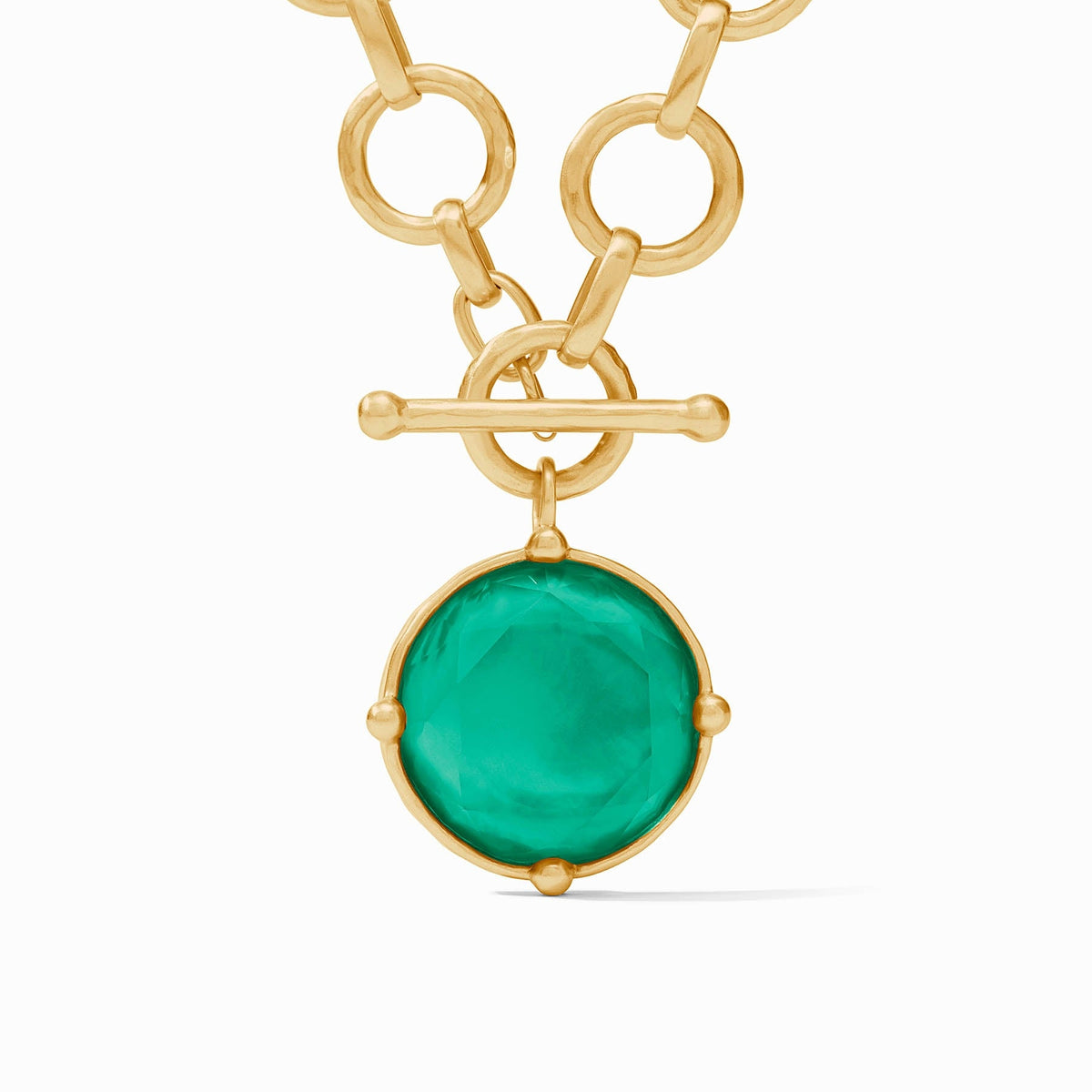 Honeybee Statement Necklace in 24K gold plate with an iridescent emerald green glass pendant.