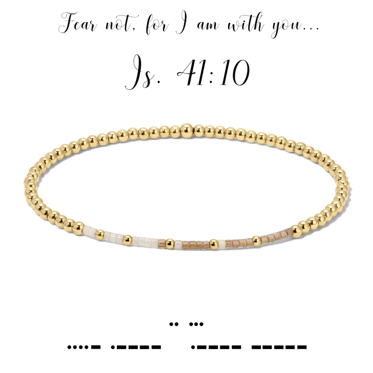 Gold-filled beaded Isaiah 41:10 bracelet with Morse code beads and scripture text above.
