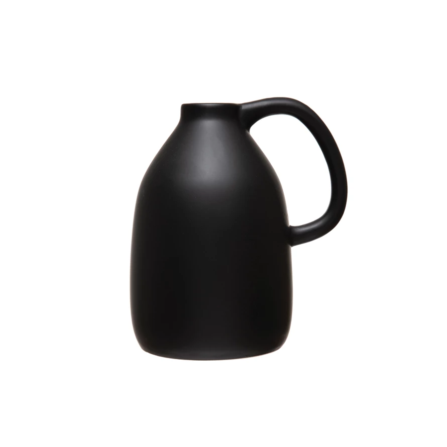 Matte black ceramic vase with handle, watertight cylindrical shape