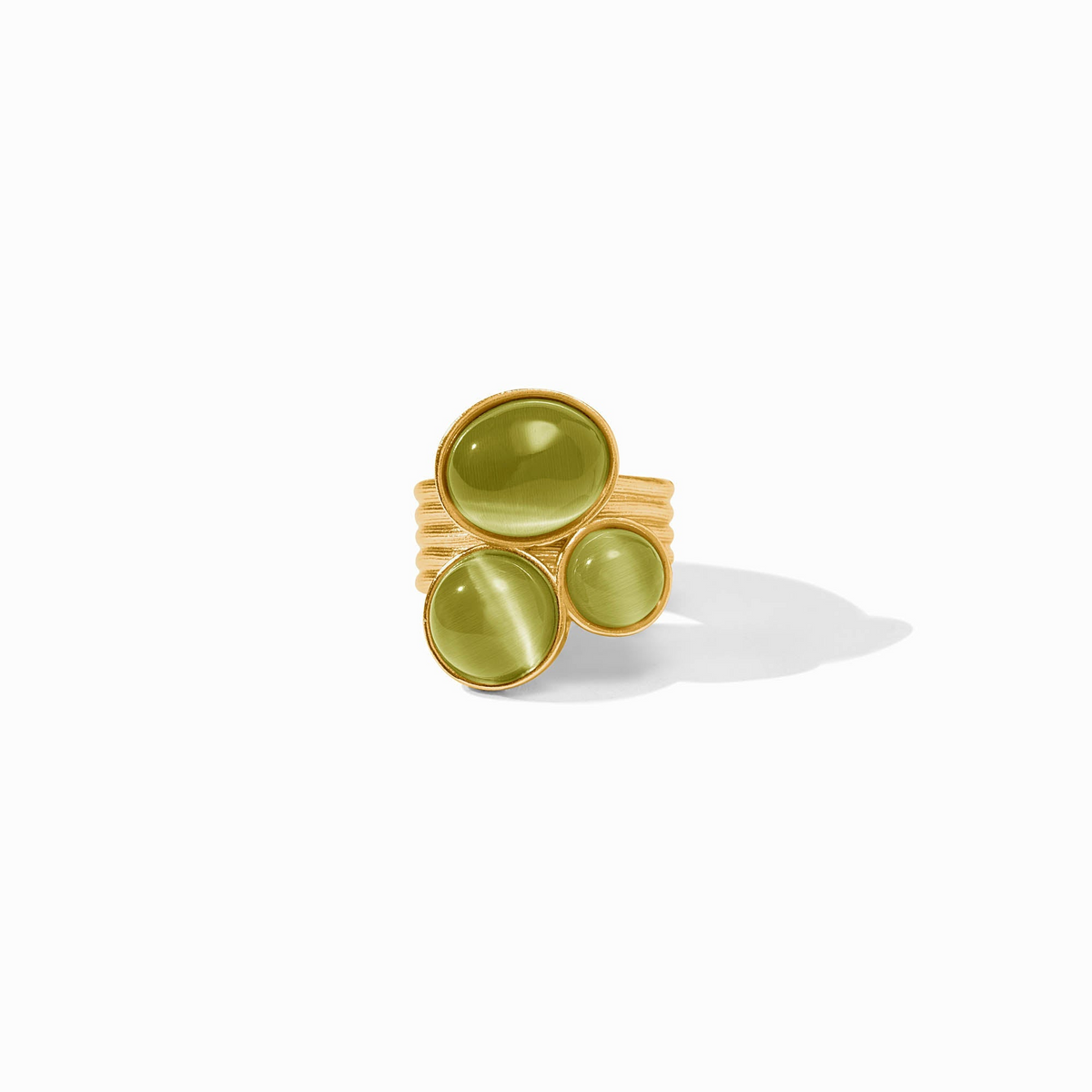Cobblestone Statement Ring in 24K gold plate with three green glass cabochons.