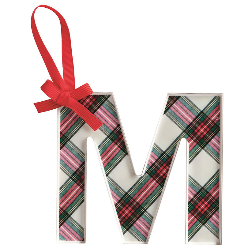 Acrylic tartan letter ornament with grosgrain ribbon hanger