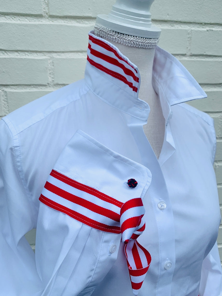 Audrey Ribbon Fc shirt in light blue poplin fabric with a ribbon collar detail.