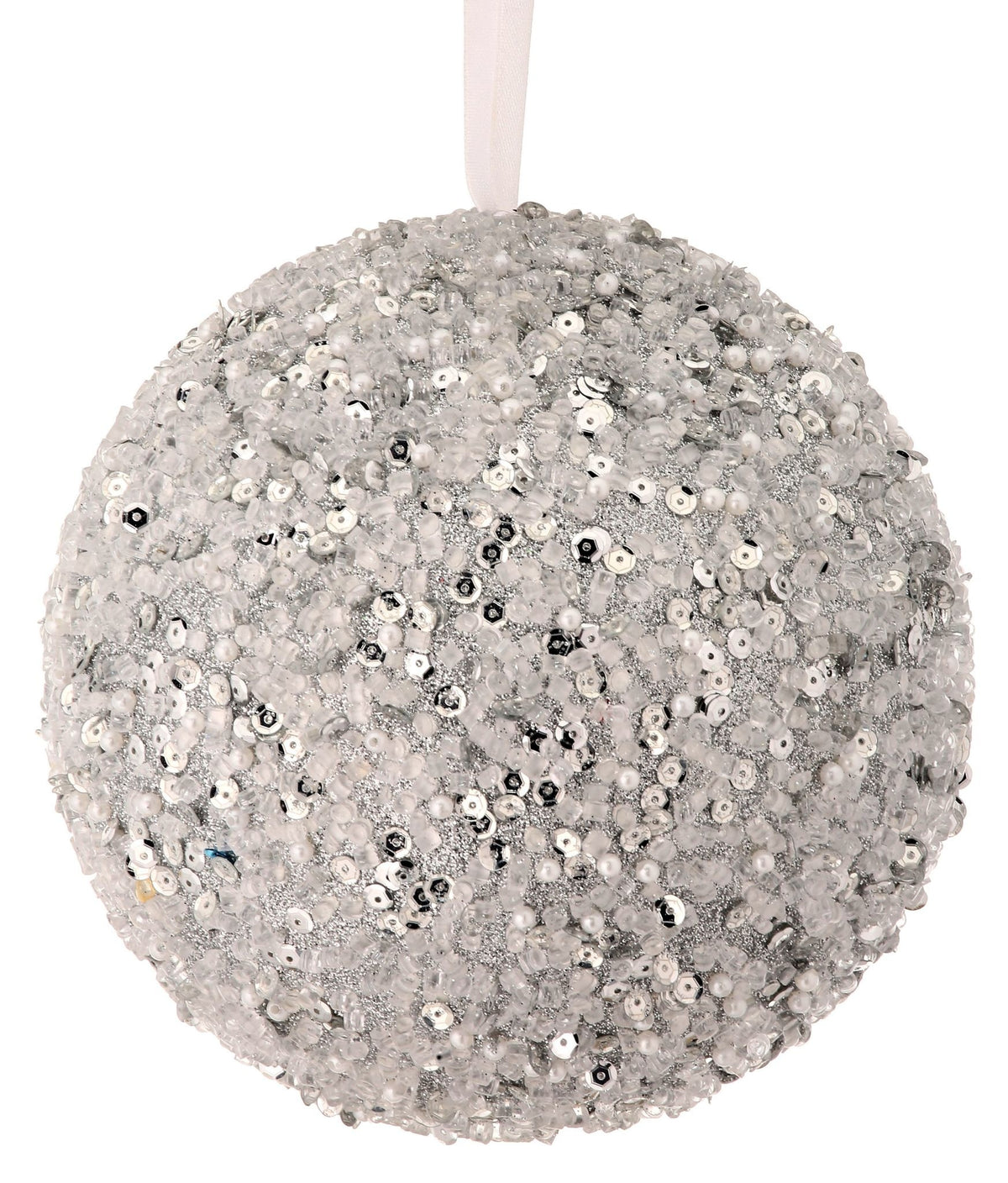 6-inch round ornament with sequins, beads, and glitter in a festive holiday style.