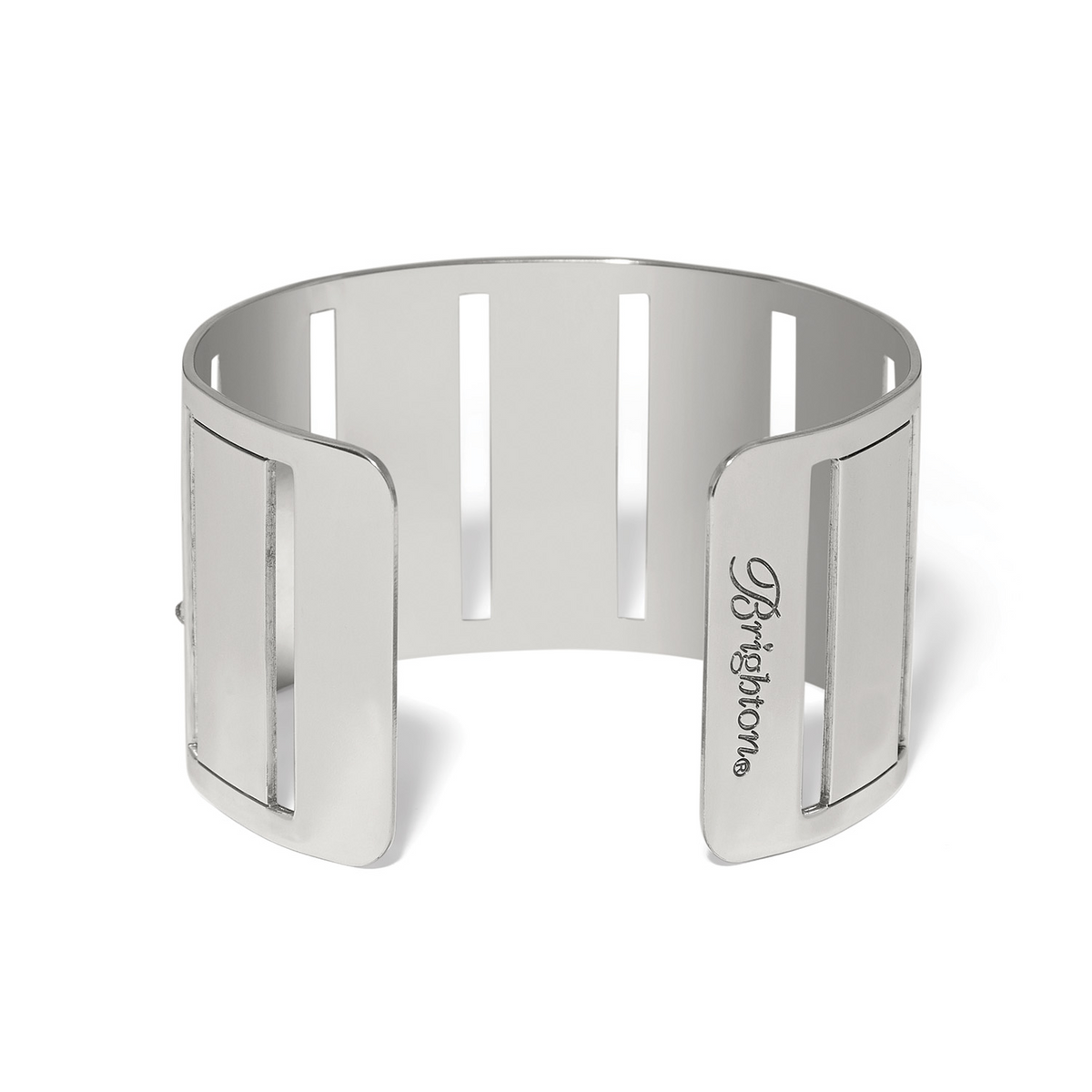 Silver-tone Fashionista Cover Girl Scarf Cuff with vertical cutouts and Brighton logo engraving.