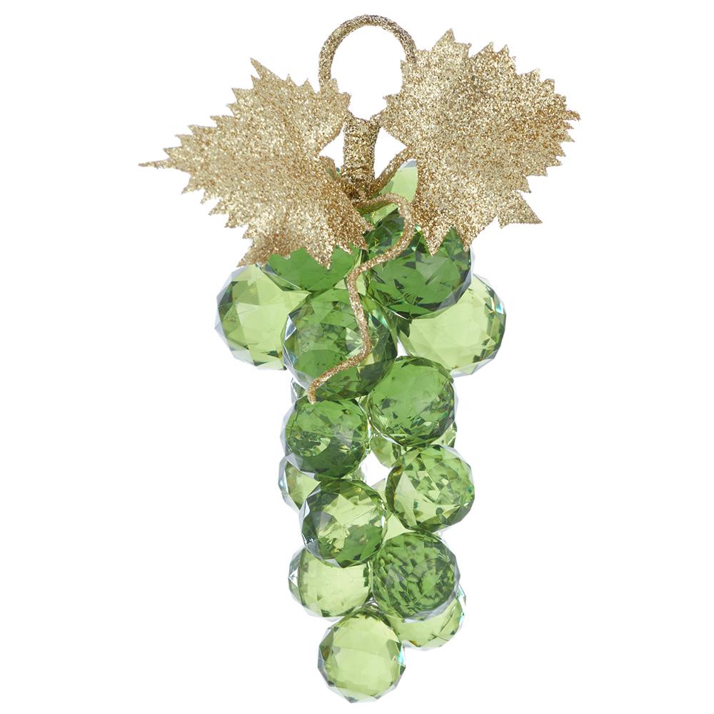 Grape ornament featuring faceted green glass-like beads and two glittery gold leaves.