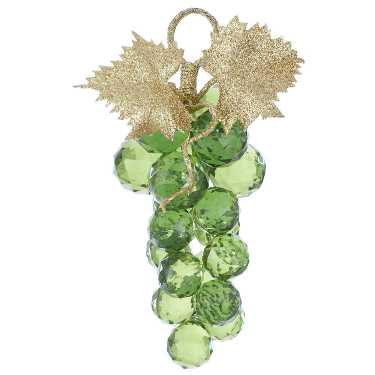 Grape ornament featuring faceted green glass-like beads and two glittery gold leaves.