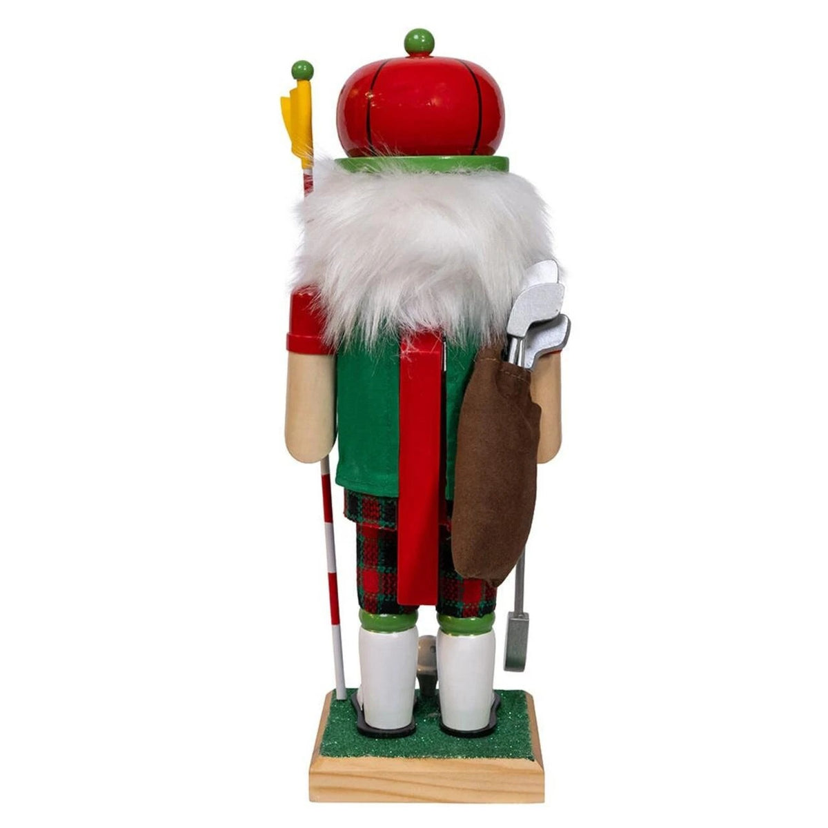 Back view of a 12-inch golf nutcracker wearing a red hat, green vest, and plaid pants with golf bag.