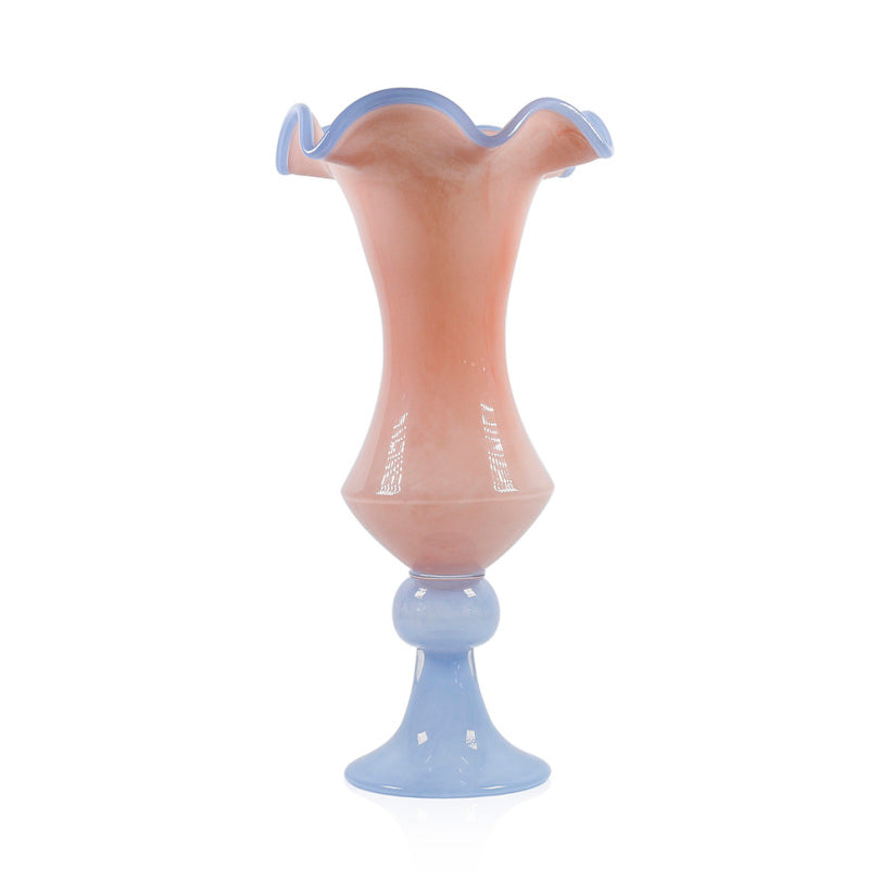 Clear glass Easter vase with a cylindrical shape measuring approximately seven-and-a-half inches in diameter and sixteen inches tall.