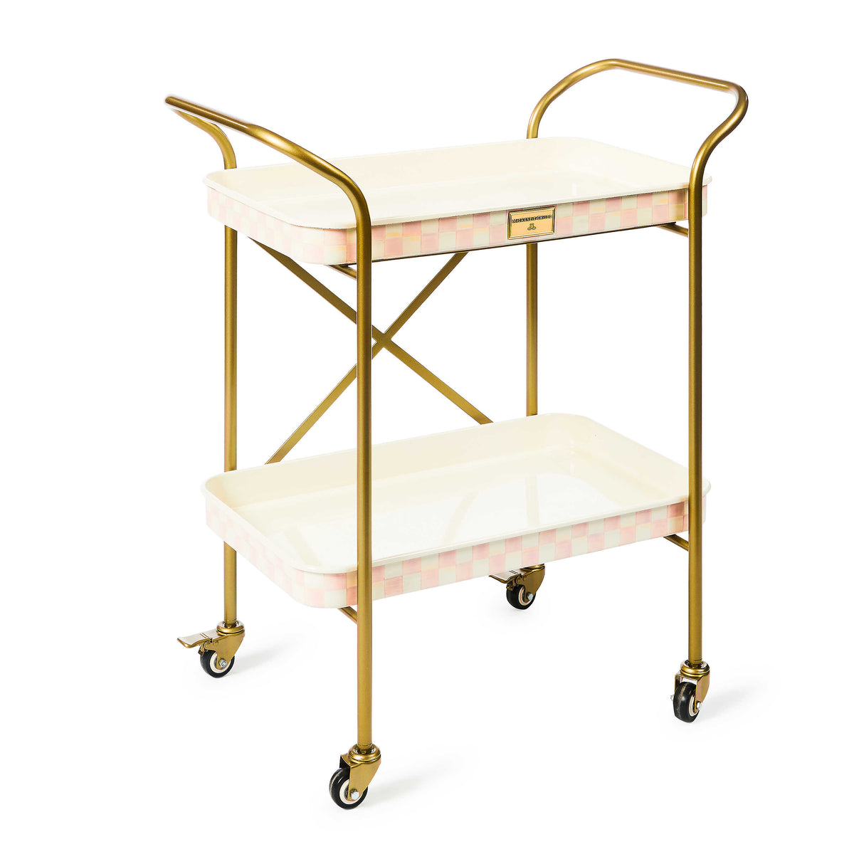 Two-tier kitchen cart with steel frame featuring hand-painted Rosy Check pattern on trays.
