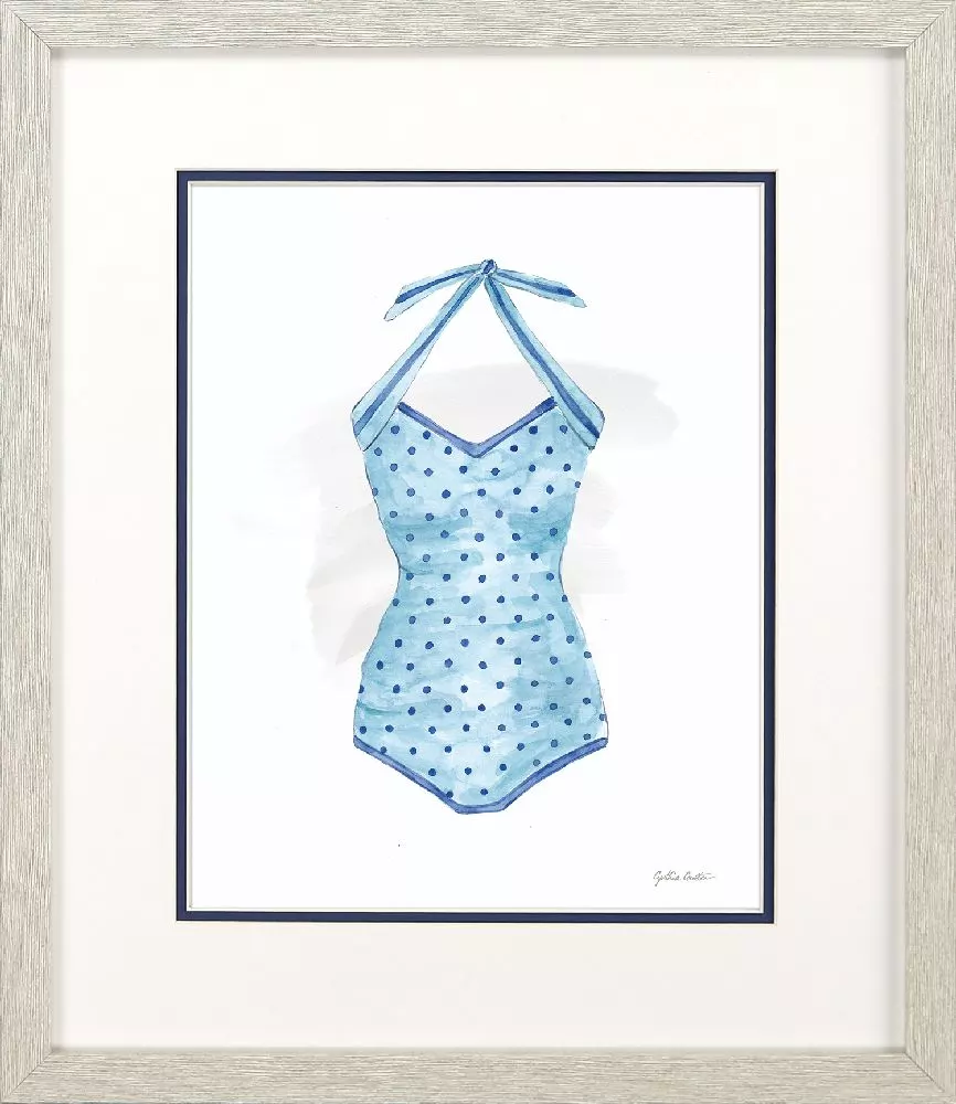 Watercolor painting of a light blue polka dot one-piece swimsuit with a halter neck and navy trim.